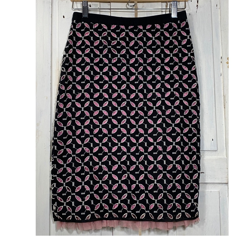 Persaman New York Black Pink Eyelet Pencil Skirt Tulle Hem Cotton Size 2